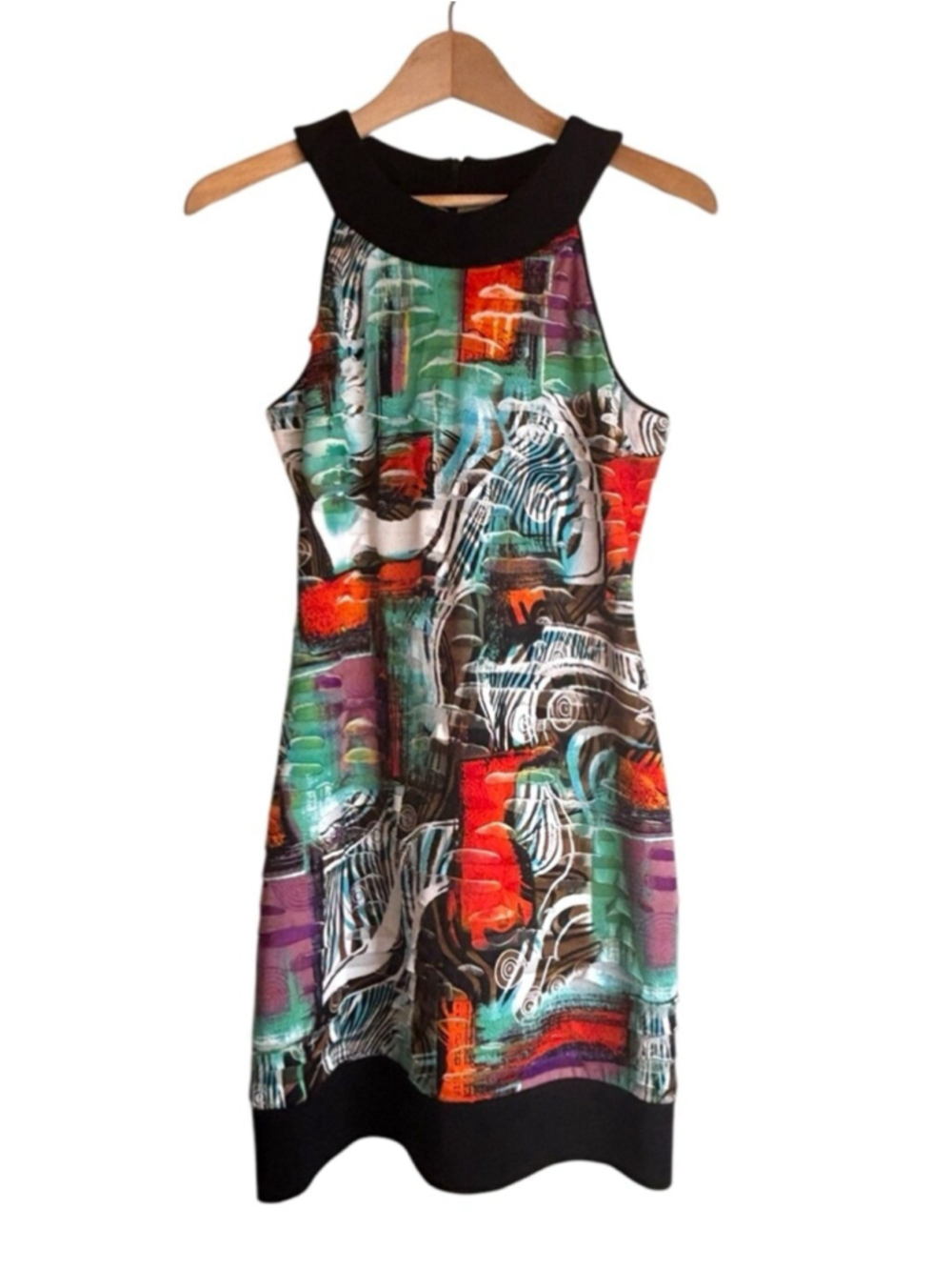 JOSEPH RIBKOFF Womens 8 Knee Length Dress Ruffle Abstract Pattern Stretch Career